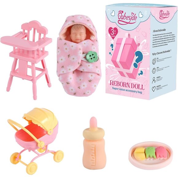 4.5 Inch Realistic Sleeping Newborn Doll with Feeding Bottle Stroller High Chair - Picture 5 of 6